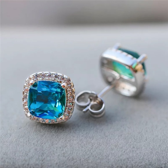 Gold Plated Green Blue CZ Stud Earrings - Picture 2 of 3